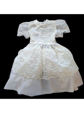Vintage White Lace Girls Dress With Puff Sleeves & Peter Pan Collar